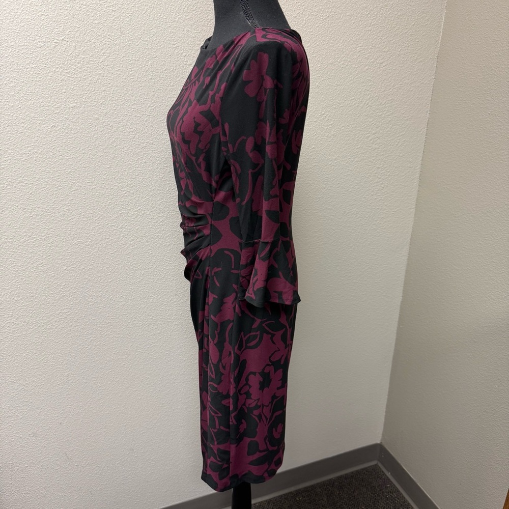 Lauren Ralph Lauren Black Burgundy Floral Ruched Sheath Dress Size 10 - Picture 5 of 10